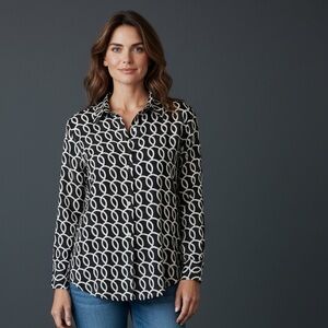 Chicos, ladies US size 8, long sleeve, black and white blouse perfect condition